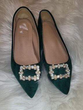 Emerald Green Pointed Toe Flats with Crystal Buckle